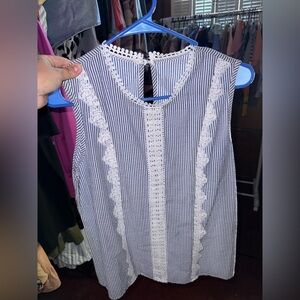 Striped Lace-Trim Sleeveless Tank Top in Blue and White